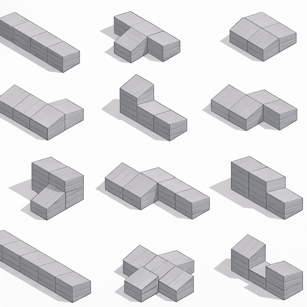 Tetrohaus module configurations showing various shapes and arrangements